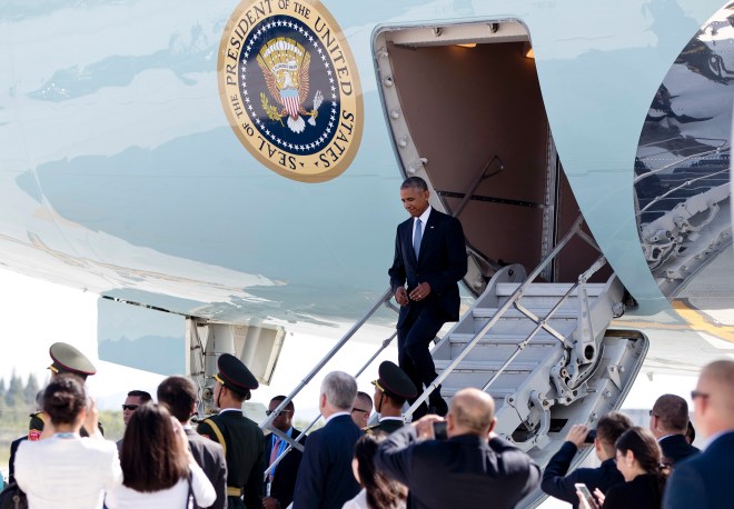 U.S. President Barack Obama arrives on Air Force One at Hangzhou Xiaoshan International Airport in Hangzhou in eastern China's Zhejiang province, Saturday, Sept. 3, 2016. President Obama hopes to highlight his administration's ongoing commitment to the G20 as the premier forum for international economic cooperation as well as the U.S. rebalance to Asia and the Pacific. (AP Photo/Carolyn Kaster)