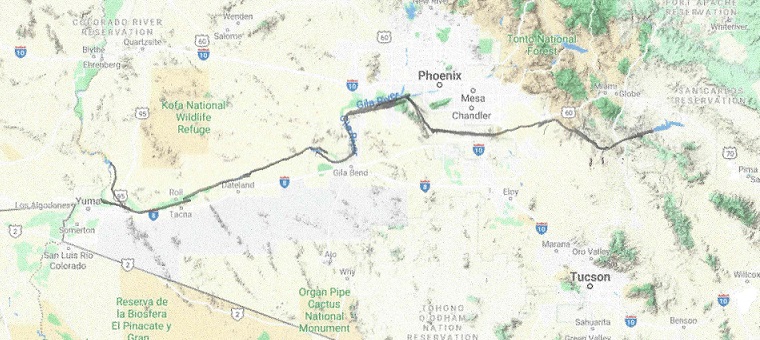 The Transcontinental Aqueduct. Leg 12: San Carlos Lake to the Colorado river following the Gila river, a distance of 280&nbsp;miles.