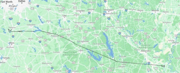 The Transcontinental Aqueduct. Leg 1: Atchafalaya river (Mississippi river bypass) to Aquilla lake, a distance of 360&nbsp;miles.