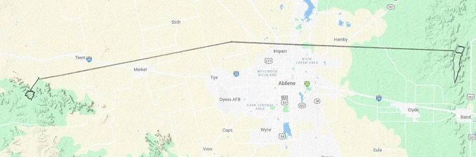 The Transcontinental Aqueduct. Leg 4: North of Baird dams (to be built) to East of Sweetwater dam (to be built), a distance of 60&nbsp;miles.